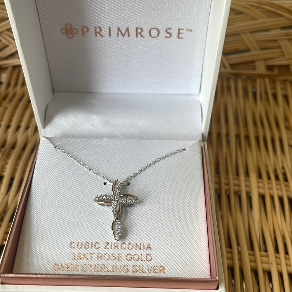 Cubic Zirconia, 18KT Rose Gold Over Sterling Silver Twisted Cross Necklace